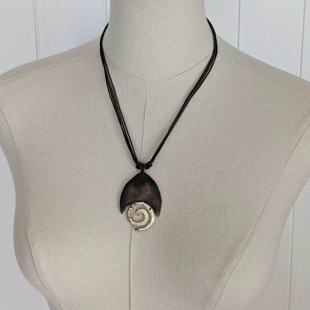 Unique Handmade Necklace - Bronze - Gold - Spiral - Leather Band